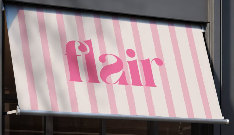 a pink simple unique workmark logo mockup for a boutique flair on a white and pink striped background pattern